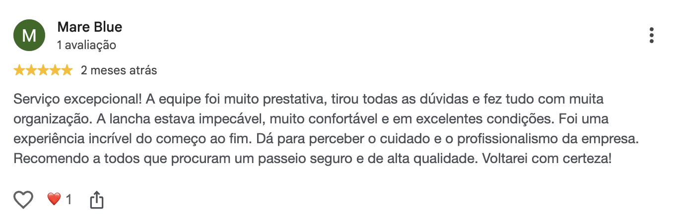 Avaliação de cinco estrelas de Mare Blue no Google