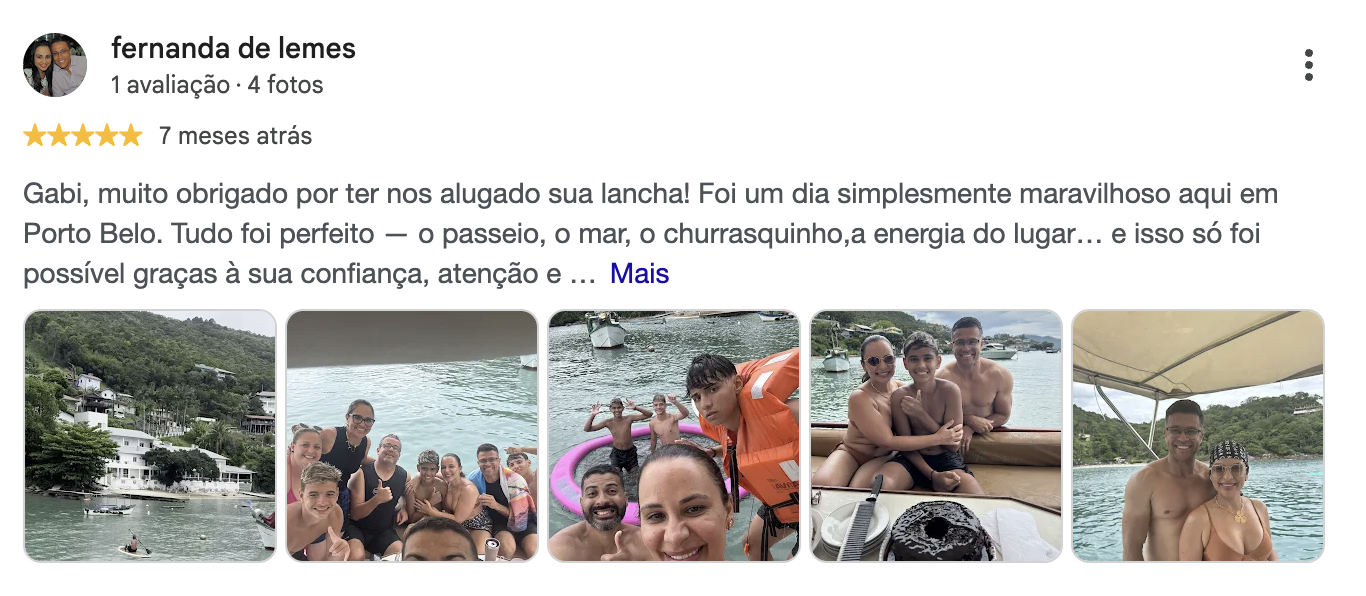 Avaliação de cinco estrelas de Fernanda de Lemes no Google